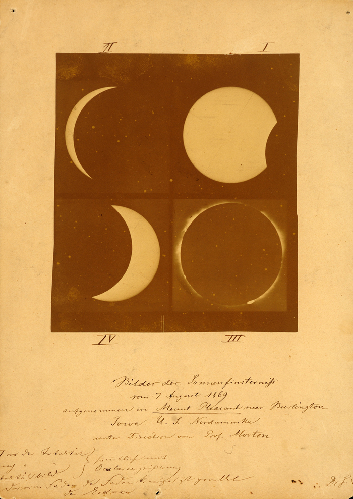 Ukjent fotograf, Fire fotografier av solformørkelsen over Mount Pleasant, Burlington, Iowa, USA i 1869, tatt under ledelse av professor Morton. Tilhører Preus museums samling.