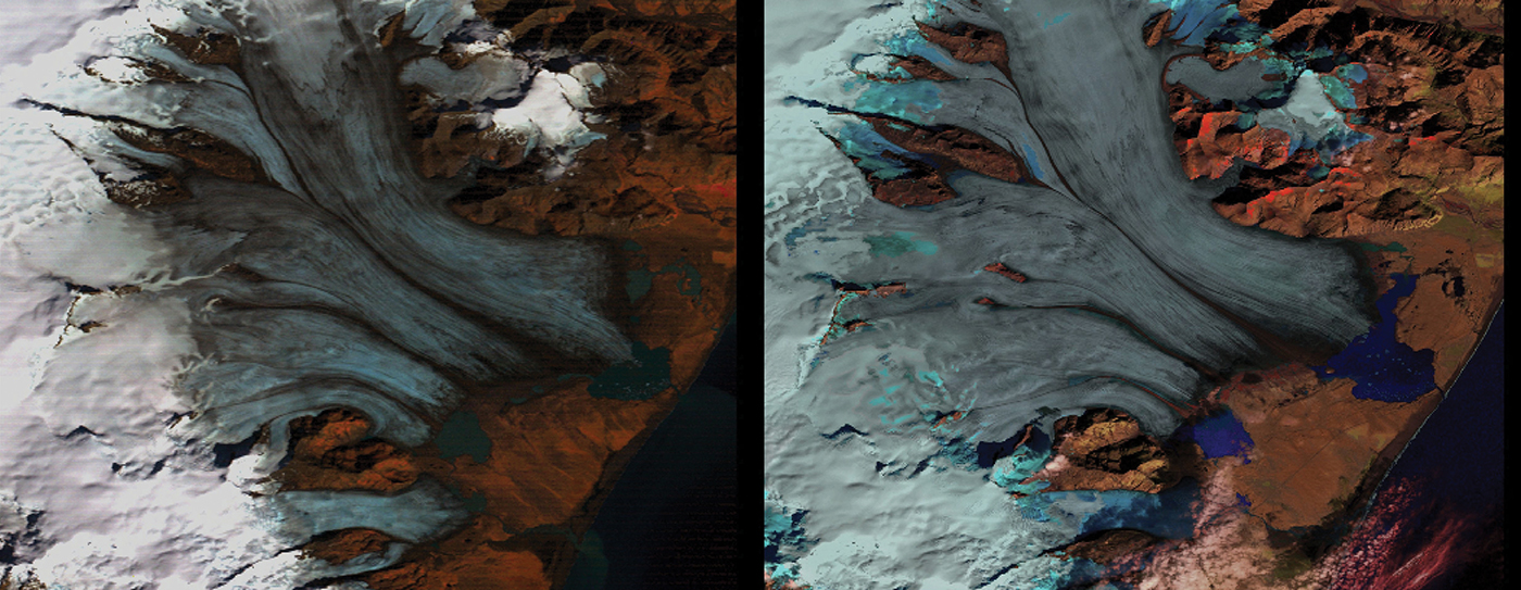 Dette bildet viser tilbaketrekking av isbreen Breidamerkurjokull på Island. Dataene fra 1973 er hentet fra Landsat 1 og data fra 2000 er fra Landsat 7. Nesten alle breer på jorda krymper, et sannsynlig resultat av global oppvarming. (NASA/Goddard Space Flight Center Scientific Visualization Studio)