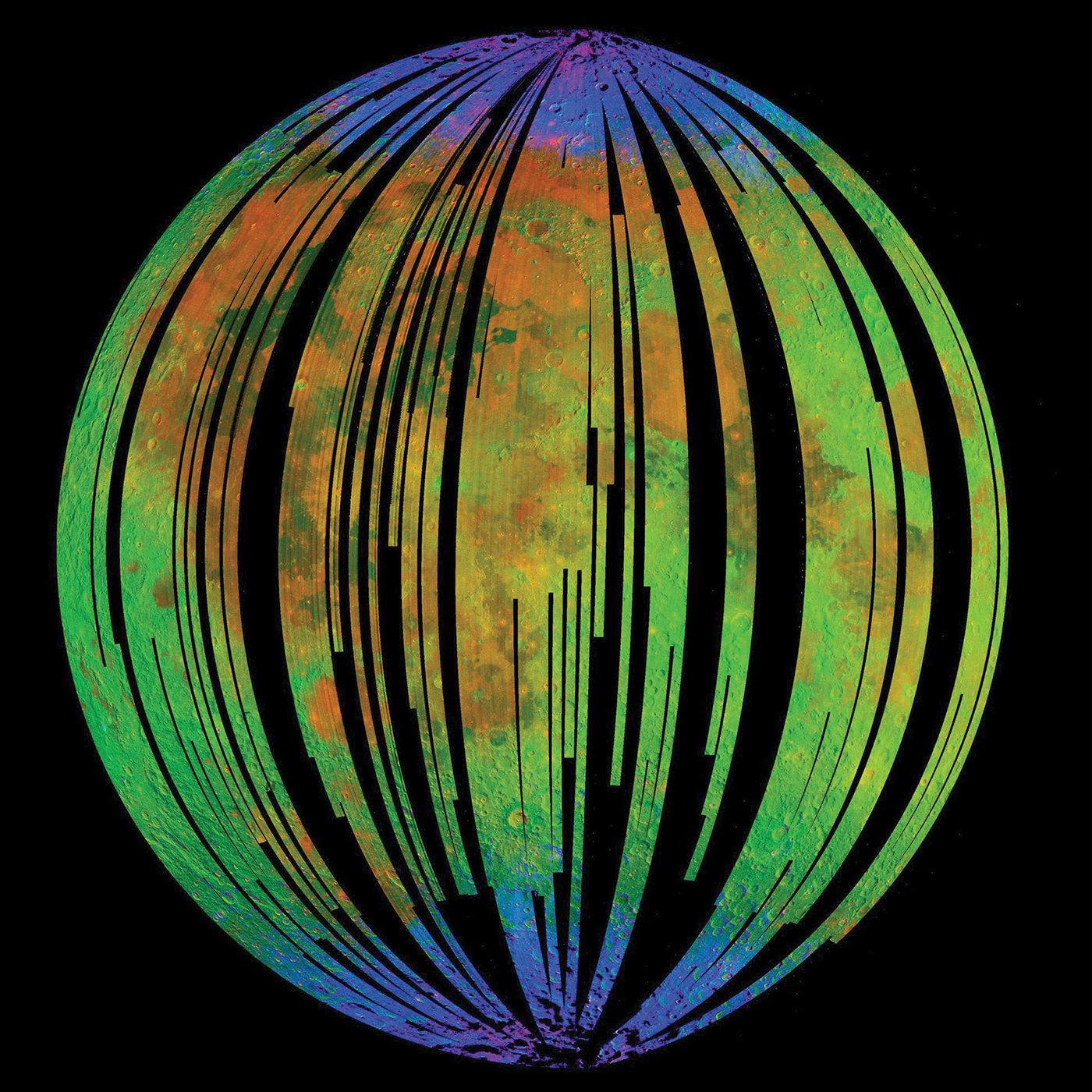 
Denne kartleggingen av Månen er foretatt av NASAs Moon Mineralogy Mapper, et instrument om bord på den indiske romorganisasjonens Chandrayaan 1-fartøy, i perioden 22. oktober 2008 – 29. august 2009. Bildet viser med kunstige farger hvordan ulike materialer er fordelt over den siden av Månen som vender mot Jorden. Små mengder vann ble detektert på overflaten (blått). Grønt viser intensiteten på reflektert infrarød stråling (varmestråling) fra Solen og rødt viser forekomster av det jernrike mineralet pyroksen.Lambdatrykk (ISRO/NASA/JPL-Caltech/Brown University/USGS)