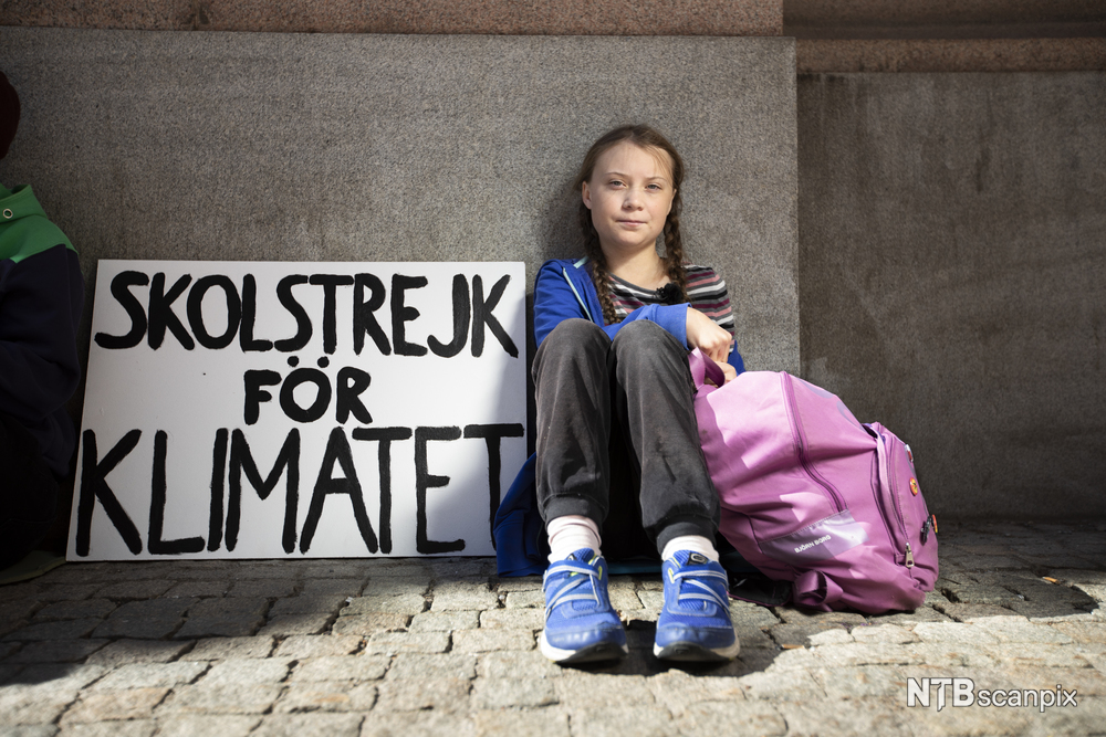 © Mickan Palmquist, “15-åriga Greta Thunberg skolstrejkar utanför riksdagen för klimatets skull. Där tänker hon sitta varje dag på skoltid fram till valet.” Stockholm, 21.08.2018 DN / TT / NTB Scanpix